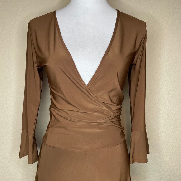 Modbe Chocolate Brown Surplice Wrap Dress Bell Sleeve Ruched Waist Stretchy Midi - Picture 2 of 12
